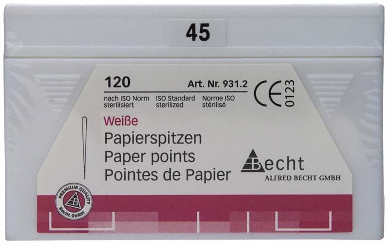 Weiße Papierspitzen Gr. 45 in Verpackung mit Produktinformationen.