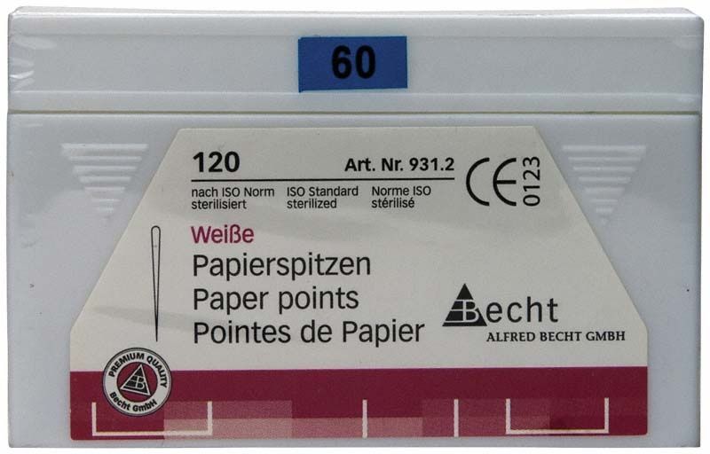 Weiße Papierspitzen Gr. 60 in Verpackung mit ISO-Norm Hinweis.