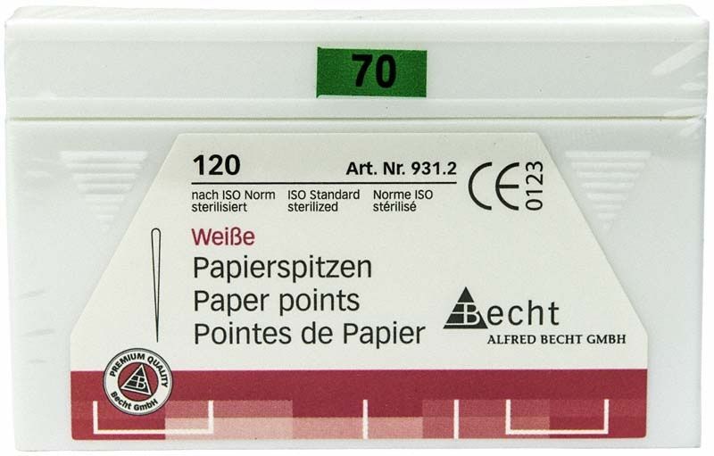 Weiße Papierspitzen Gr. 70, 120er Packung für Wurzelkanaltrocknung.