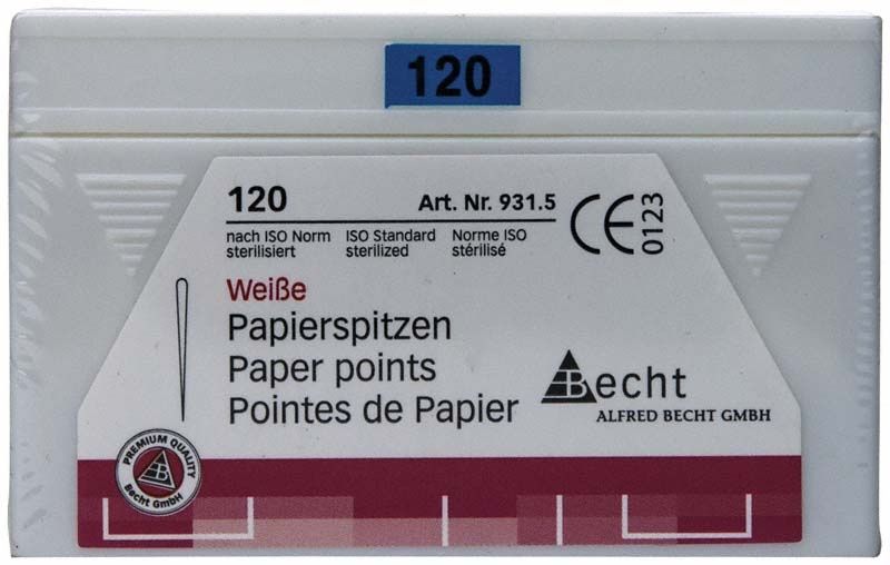Weiße Papierspitzen Gr. 120 in Verpackung mit ISO-Zertifizierung.