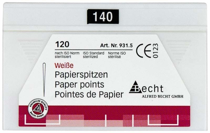 Weiße Papierspitzen Gr. 140 in Verpackung mit ISO-Zertifizierung.