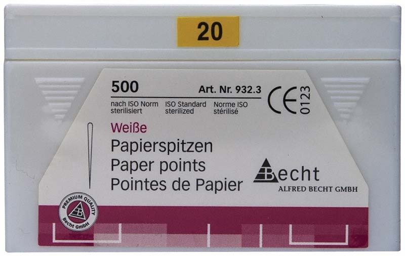 Weiße Papierspitzen Gr. 20 in 500er-Packung, sterilisiert nach ISO-Norm.