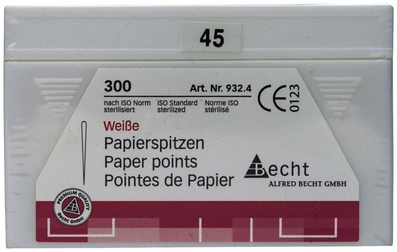 Weiße Papierspitzen Gr. 45 für Wurzelkanaltrocknung, 300 Stück, sterile Verpackung.