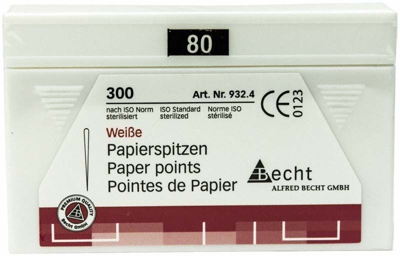 Weiße Papierspitzen Gr. 80 in Verpackung mit ISO-Norm Hinweis.