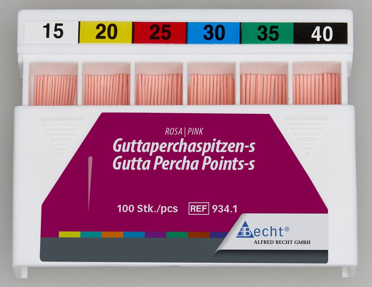 Rosa Guttaperchaspitzen Gr. 100 im farblich sortierten Aufbewahrungsbehälter.