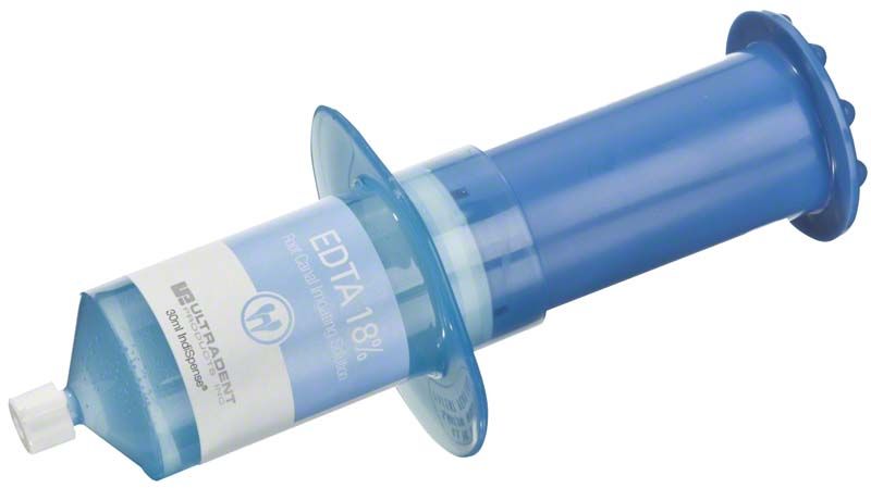 EDTA 18% Lösung in blauer IndiSpense-Spritze für Endodontie.