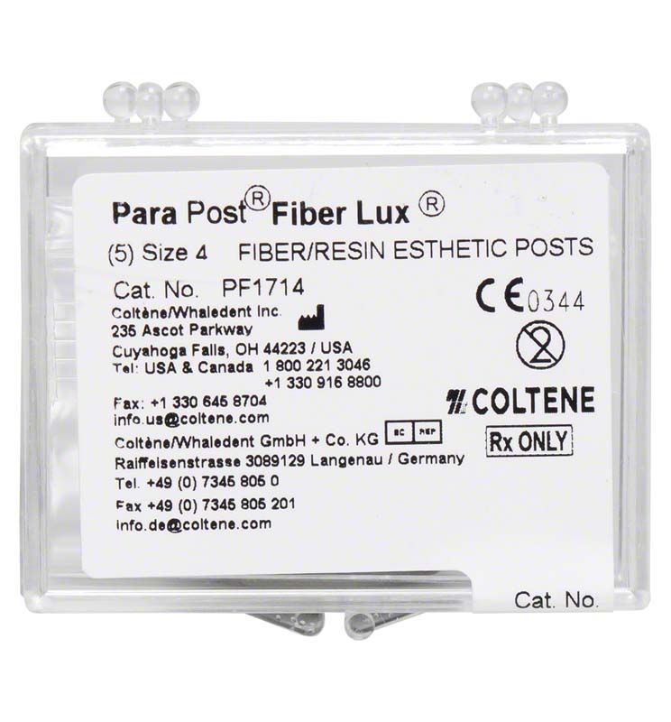 ParaPost® Fiber Lux Wurzelstifte Gr. 4 in Verpackung mit Produktinformationen.