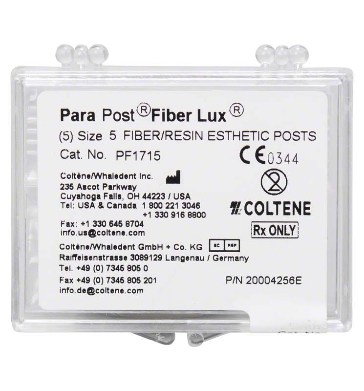 ParaPost® Fiber Lux Wurzelstifte Gr. 5 in Originalverpackung mit Produktdetails.