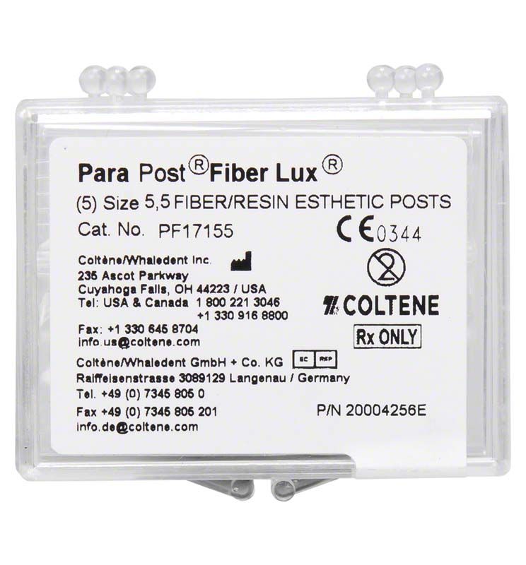 ParaPost® Fiber Lux Wurzelstifte, Größe 5.5, in transparenter Verpackung.