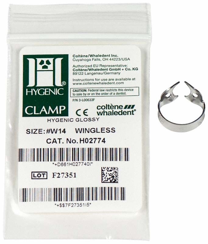 HYGENIC® flügellose Klammer Nr.W14 für Molaren neben Verpackung.