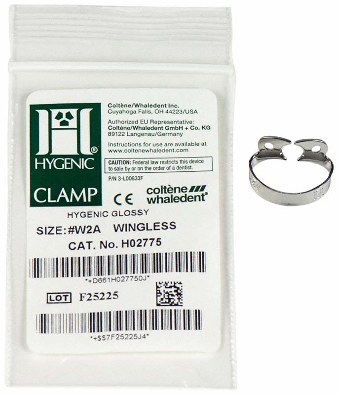 HYGENIC® flügellose Klammer Nr.W2A mit Verpackung für Prämolaren.