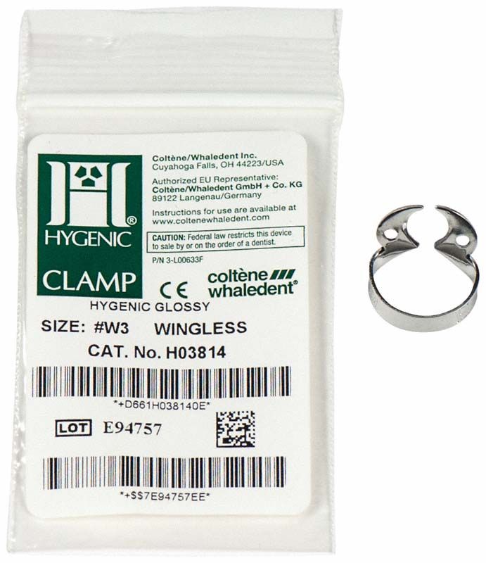 Hygenic flügellose Klammer Nr.W3 für Molaren mit Verpackung.
