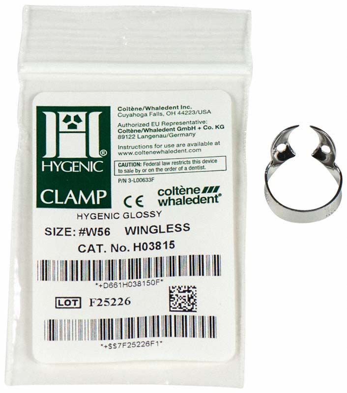 HYGENIC® flügellose Klammer Nr.W56 für Molaren mit Verpackungsetikett.