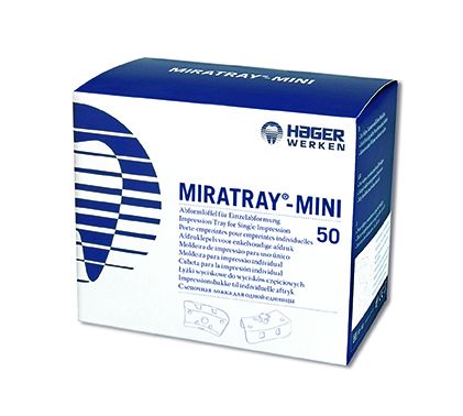 Miratray® Mini Einmal-Abformlöffel-Verpackung mit Produktinformationen und Logo von Hager Werken.