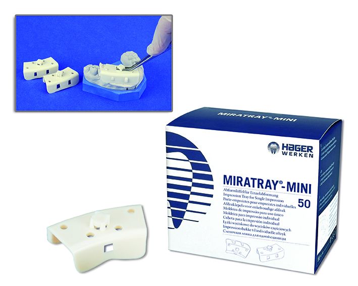 Miratray® Mini Einmal-Abformlöffel mit Verpackung und Detailansicht der Anwendung.