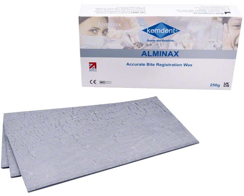 Alminax Aluminiumwachsplatten und Verpackung von Kemdent für präzise Bißregistrate.