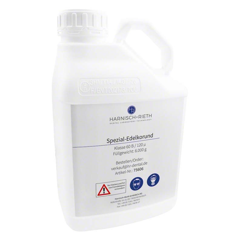 Spezial Edelkorund 6kg Kunststoffbehälter mit Etikett und Sicherheitsinformationen.