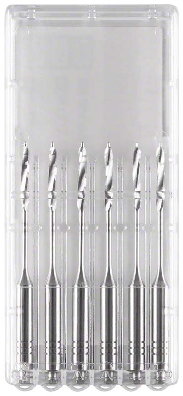 Sechs Peeso Wurzelkanalerweiterer in transparenter Kunststoffverpackung.