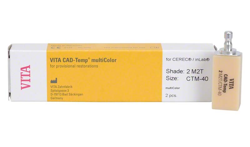 VITA CAD-Temp® multiColor Block und Verpackung für Zahnersatz.