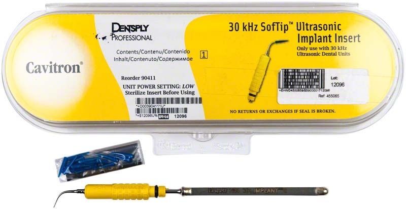 Cavitron® SofTip™ 30K Ultraschall-Instrument zur Implantatreinigung in gelber Verpackung.