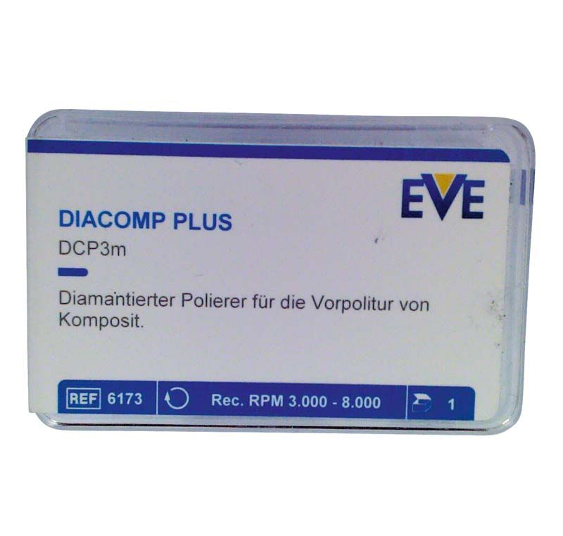 Diamantierter Polierer EVE DIACOMP® plus in transparenter Verpackung.
