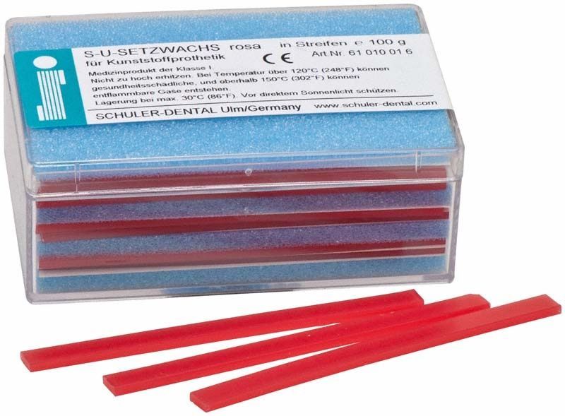 S-U-Setzwachs in rosa Streifen, Verpackung mit Etikett von Schuler-Dental.