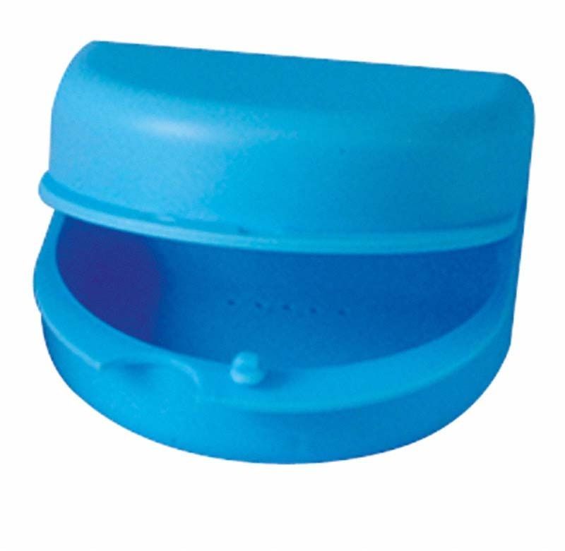 Stabile blaue Aufbewahrungsbox für zahnmedizinische Produkte.