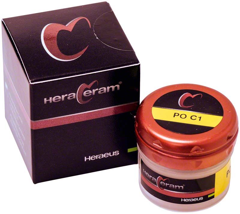 HeraCeram® Pastenopaker PO C1 in braunem Tiegel und Verpackung.