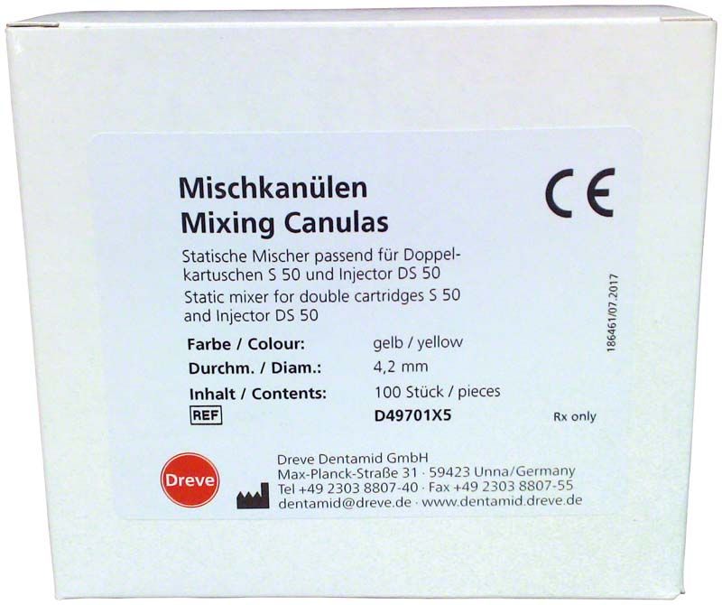 Mischkanülen gelb 1:1 in weißer Verpackung mit 100 Stück Inhalt.