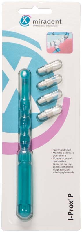 Verpackung der I-Prox® P Set blau transparent mit austauschbaren Interdentalbürstenaufsätzen.