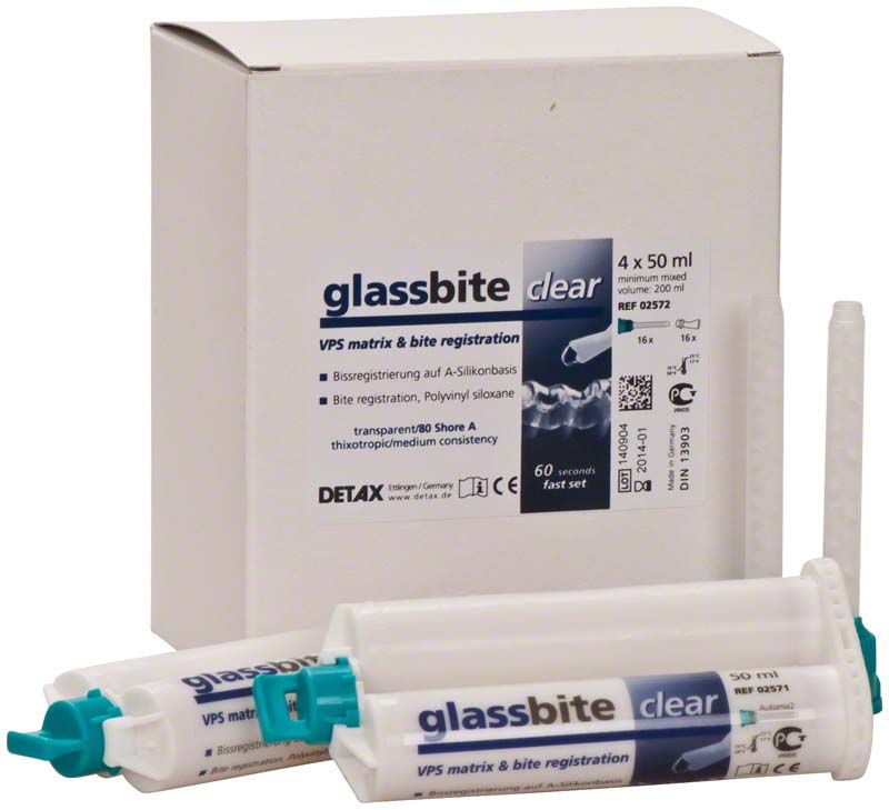 Glassbite Kartuschen 4x50ml mit Verpackung und Aplikationsspitze.
