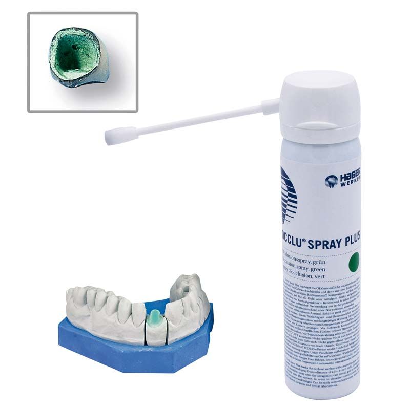 Hochwertiges Occlusionsspray Occlu® Spray plus mit Zahnmodell und Kroneninnenseite.