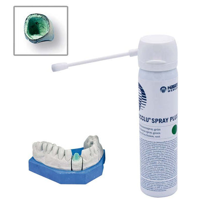 Hochwertiges Occlusionsspray Occlu® Spray plus mit Zahnmodell und Kroneninnenseite.