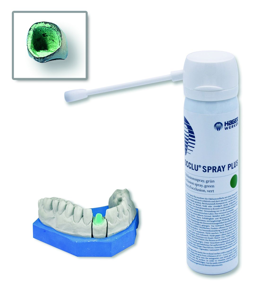 Occlu® Spray plus mit Zahnmodell und grüner Markierung im Kroneninneren.
