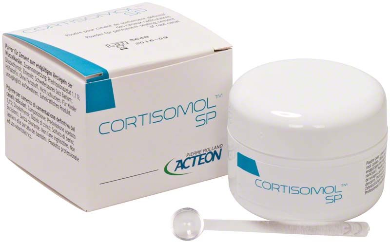 Kartonverpackung und weiße Dose von CORTISOMOL™ SP mit Messlöffel.