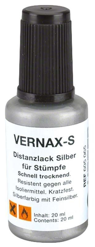 Vernax®-S Distanzlack Silberflasche mit schwarzem Verschluss, 20 ml Inhalt.
