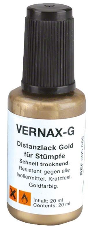 Vernax-G Distanzlack Goldflasche mit 20 ml Inhalt und schwarzem Verschluss.