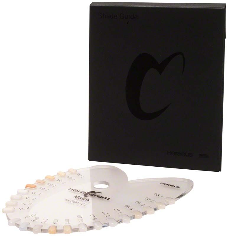 HeraCeram® Farbindikator Matrix mit Farbmustern und schwarzer Verpackung.