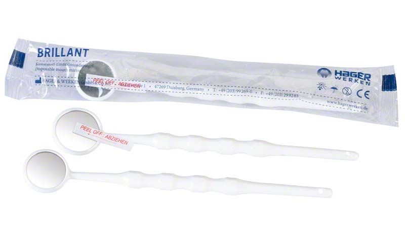 Einmalmundspiegel mit weißem Griff und einzeln verpackt in Schutzfolie.