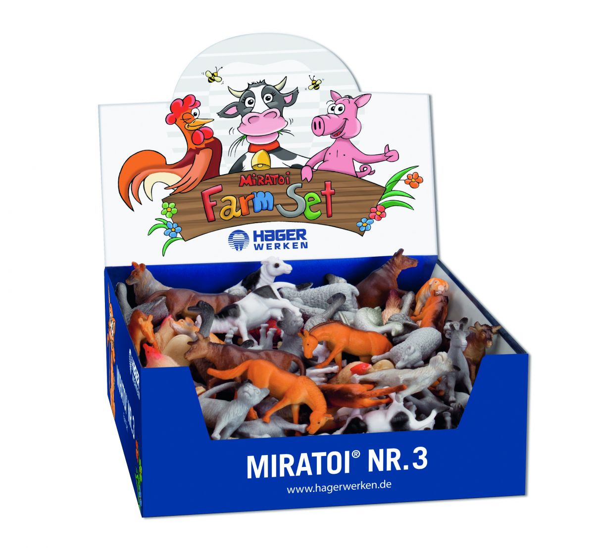 Miratoi® Nr. 3 Farm-Set mit 100 Bauernhof-Tierfiguren in offener Verpackung.