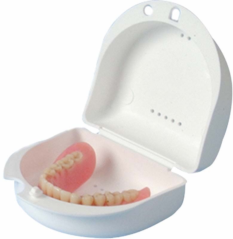 Robuste Dentobox® II weiß mit Prothese innen.