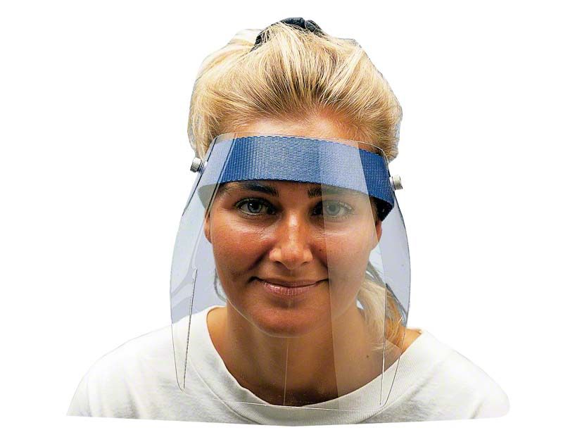 Gesichtsschutzschild mit blauem Klettverschluss, geeignet für Infektionsschutz.