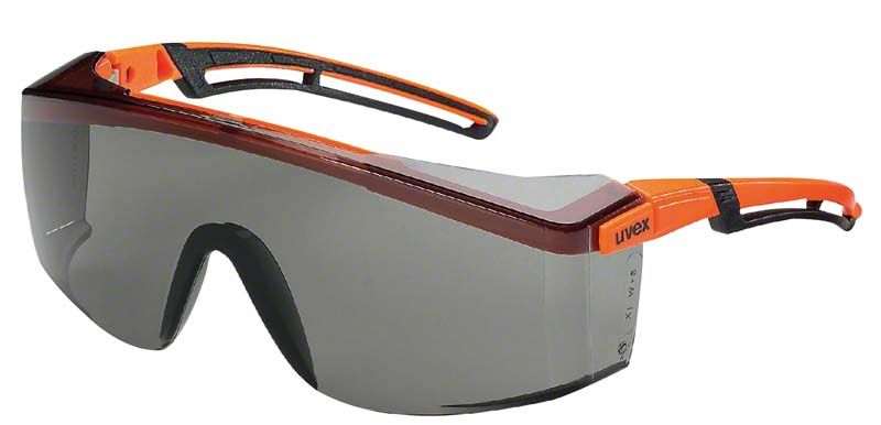 Hochwertige orange-schwarze Schutzbrille mit getönten Gläsern und verstellbaren Bügeln.