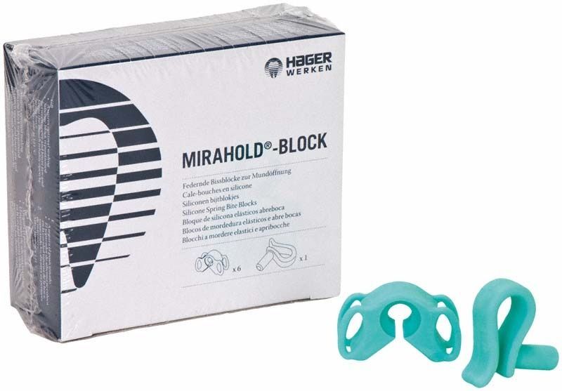Mundöffner-Set Mirahold Block mit Verpackung und zwei Kunststoffblöcken.