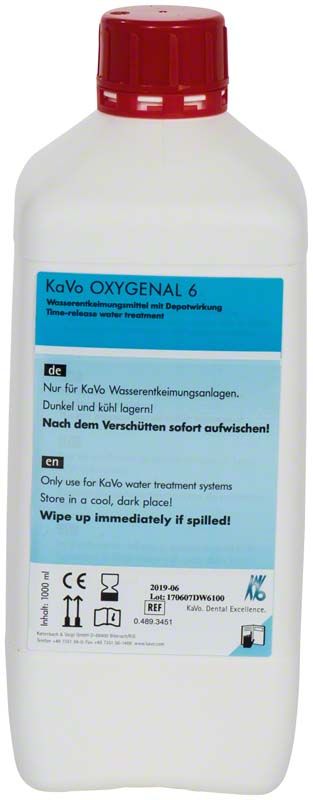 OXYGENAL 6 Wasserdesinfektionsmittel-Flasche mit rotem Verschluss und Etikett.