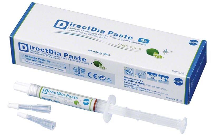 DirectDia Paste Spritze mit Verpackung, angereichert mit Diamantpartikeln für Zahnglanz.
