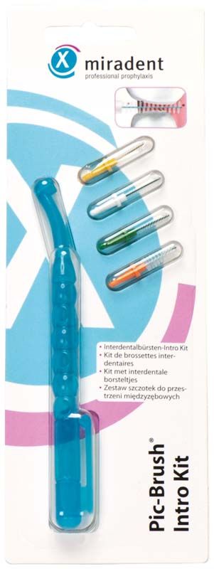 Pic-Brush® Intro Kit mit blauem Halter und vier Ersatzbürsten in Verpackung.