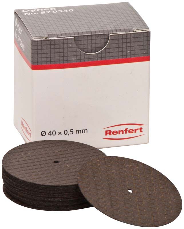 Dynex Trennscheiben für Dentaltechnik neben Verpackung mit Renfert-Aufdruck.