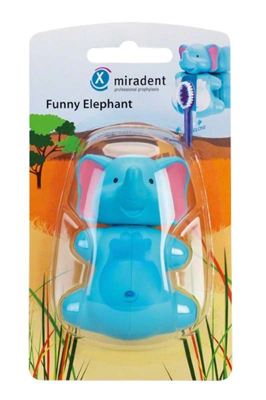 Lustiger Zahnbürstenhalter in Elefantenform, blau, auf Kartonverpackung.