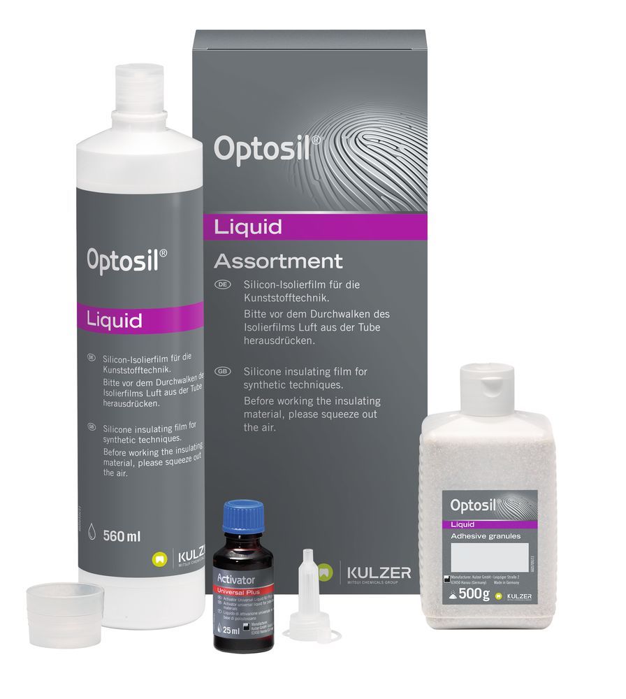 Optosil Liquid Isoliermittel-Flasche mit Zubehör auf weißem Hintergrund.